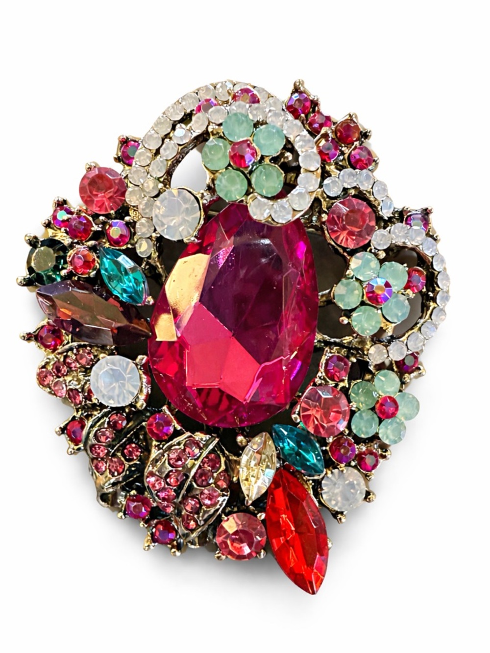 Vintage Inspired Baroque Statement‎ Brooch Pink Rhinestone Floral